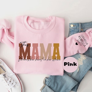 Personalized This Mama Wears Her Heart On Her Sleeve Sweatshirt, Cute Momma Outfit, Custom Mom Hoodie With Kids Names, Mothers Day Gifts