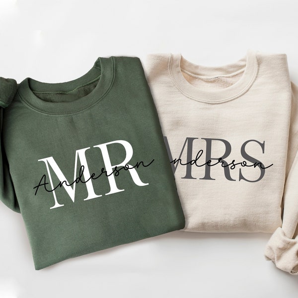 Personalized Mr & Mrs Family Name Sweatshirt, Bridal Party Outfit, Honeymoon Wedding Gifts For Couple, Custom Matching Wifey Hubby Hoodie