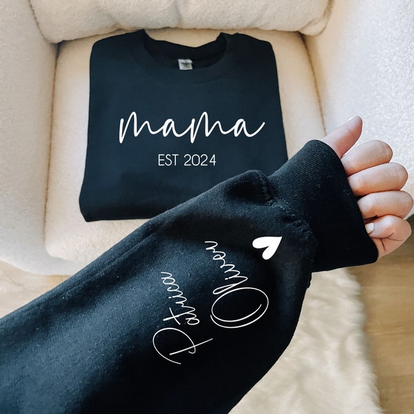 Personalized Mama Sweatshirt With Kids Names Sleeve, Est Date Mom Outfit, Custom Momma Hoodie, Gift For Mother, Names On Sleeve With Heart