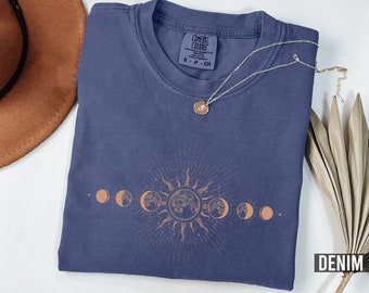 Celestial Comfort Colors® Shirt, Moon Phase T-shirt, Boho Mystical Moon And Sun Tee, Boho Moon Outfit, Spiritual Moon Women Clothing Gifts