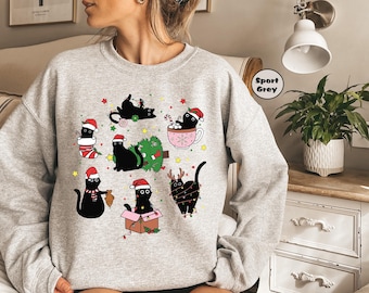 Christmas Black Cat Sweatshirt: Meowy Holiday Cat Mama Outfit