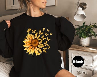 Sonnenblume Schmetterling Sweatshirt: Blumen Mama Hoodie, Botanische Kleidung