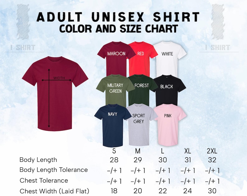 The image is a color and size chart for adult unisex t-shirts. It displays various t-shirt colors and sizes, along with corresponding measurements.