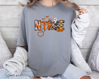 Camiseta de Halloween com estampa de enfermeira Comfort Colors: design feminino para o outono