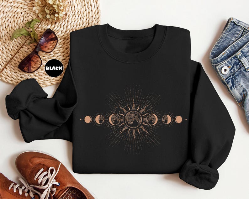Celestial Sweatshirt: Boho Moon Phase, Mystical Sun Hoodie image 2