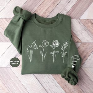 Custom Birth Month Flower Sweatshirt With Names On Sleeve, Personalized Birth Flower Hoodie, Happy Mother's Day Gifts, Cute Birtday Outfit