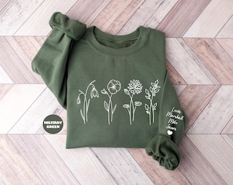 Custom Birth Month Flower Sweatshirt With Names On Sleeve, Personalized Birth Flower Hoodie, Happy Mother's Day Gifts, Cute Birtday Outfit