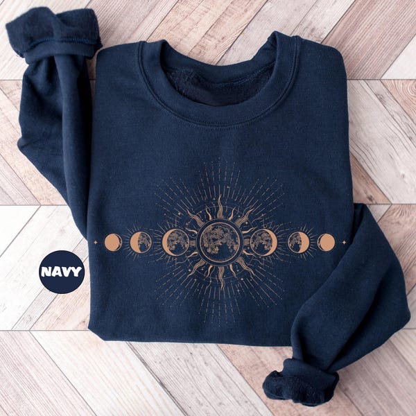 Celestial Sweatshirt: Boho Moon Phase, Mystical Sun Hoodie