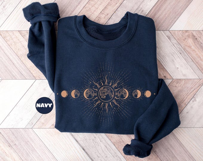 Celestial Sweatshirt: Boho Moon Phase, Mystical Sun Hoodie