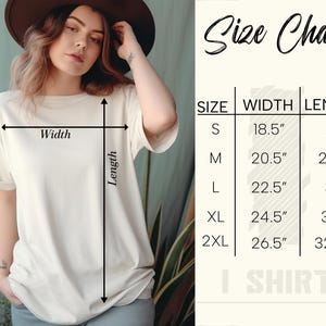 May include: Size chart for a t-shirt with measurements in inches. The chart shows the width and length of the shirt in sizes S, M, L, XL, and 2XL.