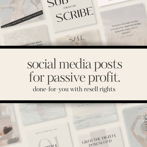 May include: A collage of social media posts with text overlays. The text includes "social media posts for passive profit. done-for-you with resell rights", "Grab the digital download", "Digital Marketing Tips", "Step 1", "You don't want to miss this", "Your new favorite", "Sale", "Subscribe for 20% off", and "Passive income is the reward for implementing systems that serve others."