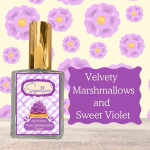 May include: A perfume bottle with a gold cap and a label featuring a purple cupcake illustration. The label reads "Sugarbloom" and "Violet Marshmallow Cream". The background has a floral pattern and the text "Velvety Marshmallows and Sweet Violet".