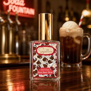 Puede incluir: Un frasco de perfume rectangular con tapa dorada. La etiqueta presenta un patrón de tazas de cerveza de raíz y el texto "Sugarbloom" y "Root Beer Float". Un flotador de cerveza de raíz en un vaso está en el fondo.