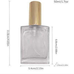 May include: Clear glass perfume bottle with a gold-colored cap. The bottle is rectangular, measuring 4.65 inches high, 2.13 inches wide, and 1.14 inches deep. It holds 1.7 oz of liquid.