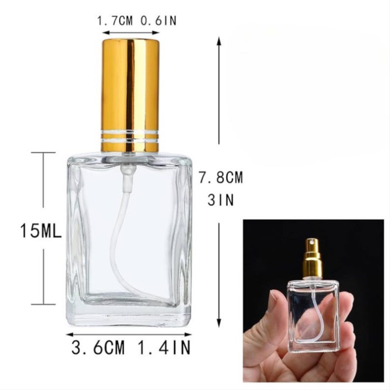May include: A clear glass perfume bottle with a gold-colored cap. The bottle is rectangular, measuring 3 inches tall and 1.4 inches wide. It has a capacity of 15 ml. The cap is cylindrical, 0.6 inches in diameter.