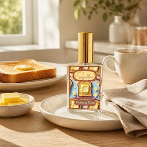 May include: A perfume bottle with a gold cap and a label featuring a toast and butter design. The label reads "Morning Toast" and "30ml Perfume". A slice of toast with butter and a small bowl of butter are in the background.