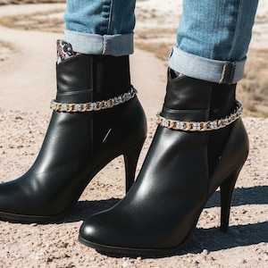 2 tobilleras con cadena de metal dorado para botas: joyería occidental con brillo para zapatos, banda de malla plateada BC170