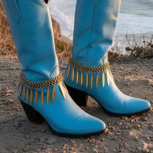 Antique gold leaf boot chain bracelet SET, western shoe anklet pair handmade USA, BC201