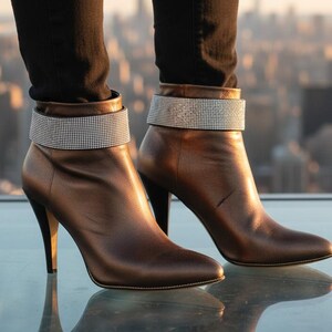 Frauen Silber Strass Western Boot Riemen: Kunstleder Schuh Anklet Armband Band SET BC256