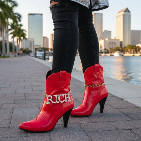 Women Gold Chain Boot Bracelets, Rhinestone "Rich" Charm Pair, Western Glam Anklets BC272