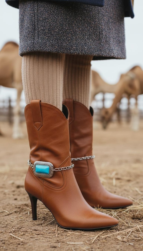 Turquoise Western Boot Chain Set – Silver Boot Anklets With Square Turquoise Charms BC85