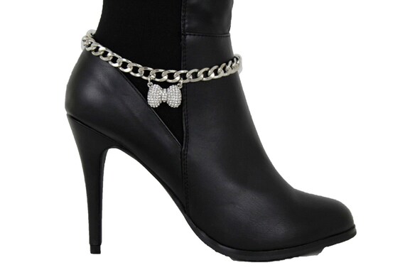 Rhinestone Bow Boot Chain: Western Silver Ankle Bracelet