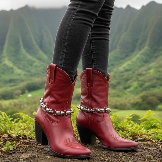Silver Skull Boot Chain Bracelets Pair, 2PCS Biker Rocker Western Shoe Charm, BC167