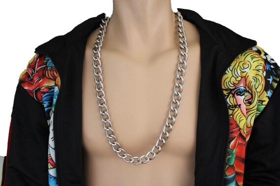 Silver Metal Long Chain Necklace: Urban Biker Jewelry (30 inch)