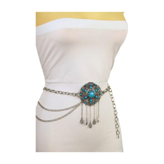 Turquoise & Silver Chain Belt: Southwestern Floral Charm 