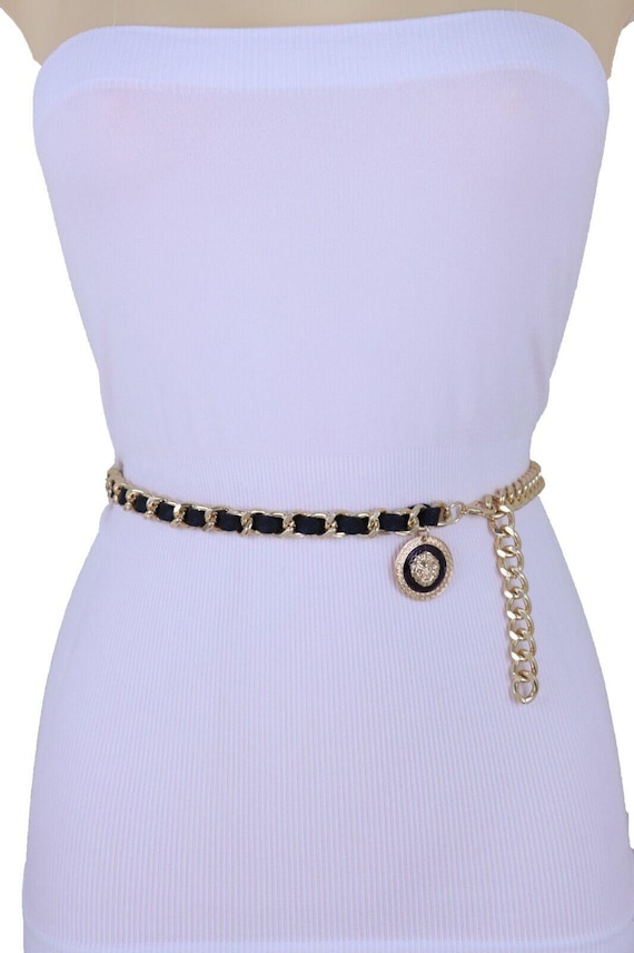 Gold Chain Lion Charm Belt: Black Faux Leather Waistband