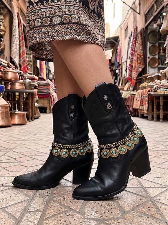 2PCS Women Gold Metal Boot Chain Turquoise Flower Shoe Charm Anklet Western Jewelry BC177