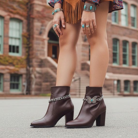 Silver Metal Boot Chain Anklets: Butterfly Charm Turquoise Beads