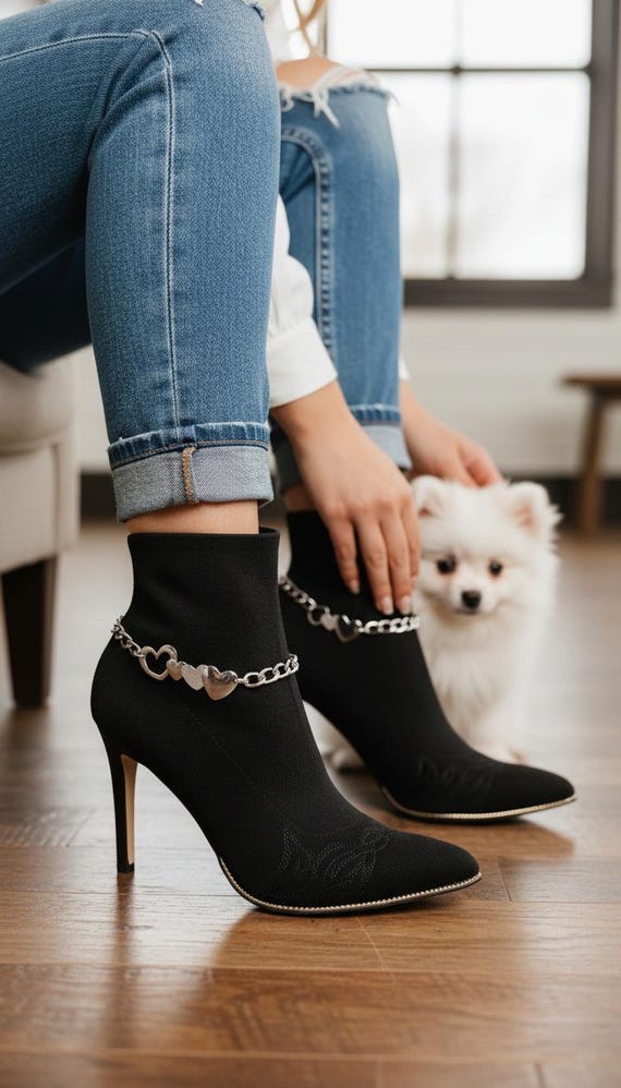 Women 2PCS Silver Metal Boot Chain Bracelet Love Heart Shoe Charm Anklet Jewelry Set BC109