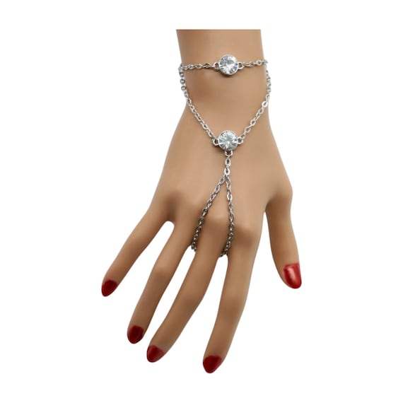 Silver Metal Hand Chain Bracelet with Ring & Shiny Beads