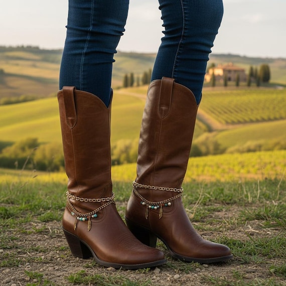 Antique Gold Boot Chains, Southwestern Feather & Turquoise, USA Handmade (Pair)