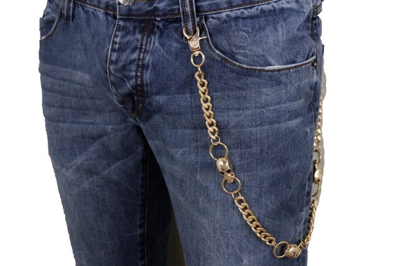 Men Gold Biker Wallet Jeans Chain: Skull Charms, 24" Handmade In USA