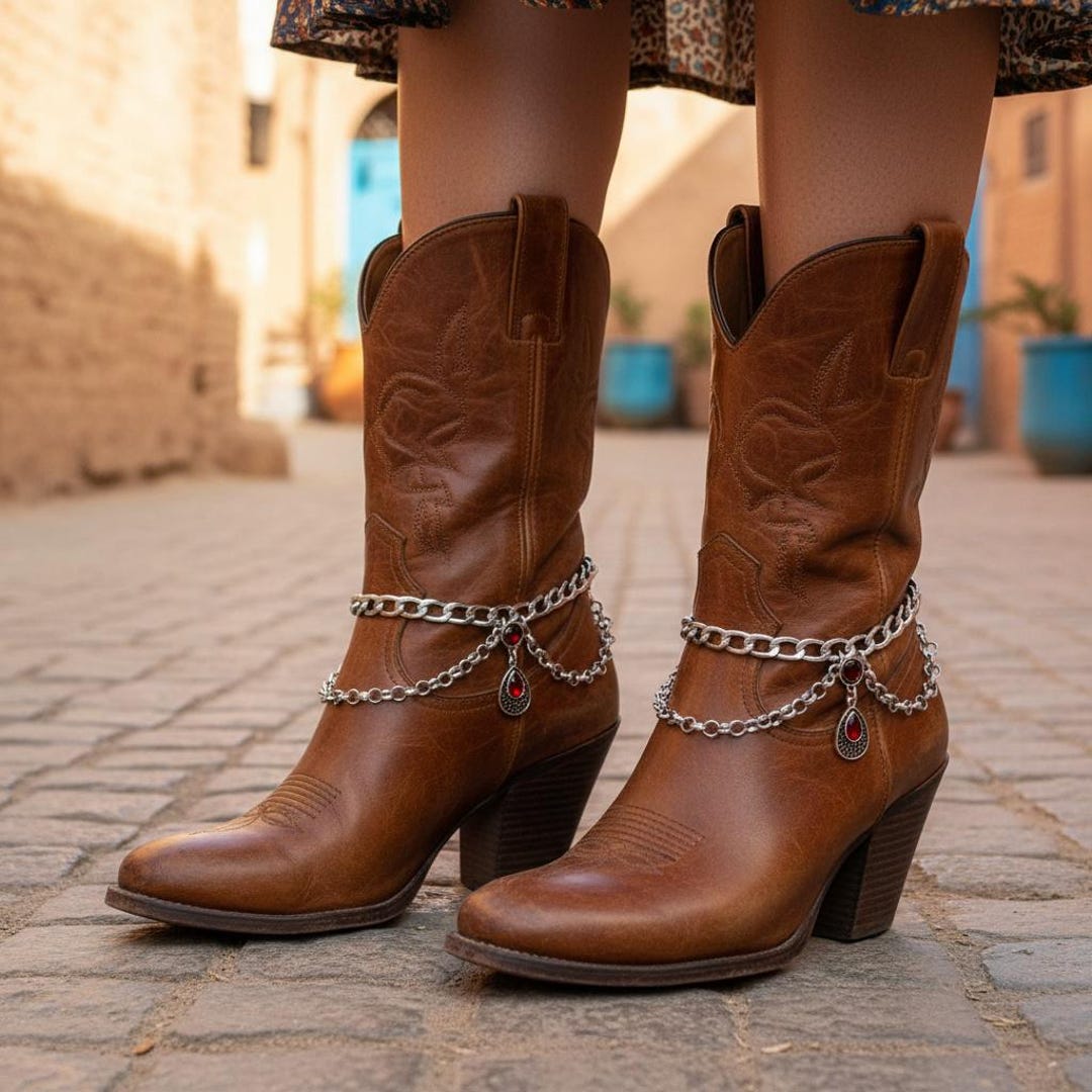 Red Drop Bead Boot Chain Bracelets SET: Silver Boho Shoe Anklet ...