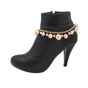 Women Gold Metal Chain Boot Bracelet Anklet Shoe Bronze Imitation Pearl Bead Charm Jewelry