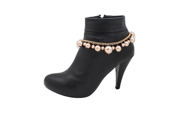 Women Gold Metal Chain Boot Bracelet Anklet Shoe Bronze Imitation Pearl Bead Charm Jewelry