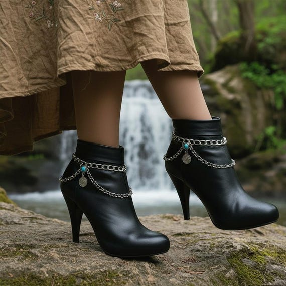 Silver Boot Chains: Turquoise Coin Anklet Bracelet Set - Western Rodeo Style