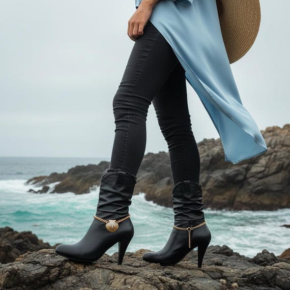 Gold Seashell Boot Chain Bracelets Pair, Nautical Jewelry, Shoe Anklet Chains Coastal (BC151)