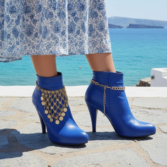 Gold Coin Boot Chain Bracelets Pair, Boho Western Shoe Jewelry Ethnic Coin Charm BC152