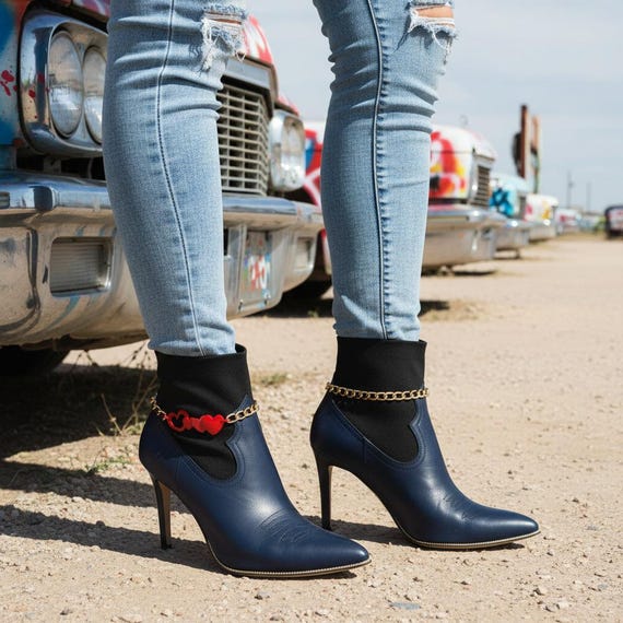 Women Gold Boot Chains with Red Hearts, Shoe Anklet Set Handmade In USA - BC288