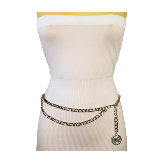 Silver Chain Link Belt: Women's Medallion Charm Waistband, Handmade in USA