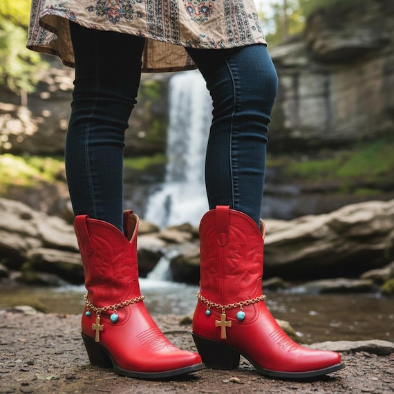 Women Western Boot Chain: Gold Metal Cross Charms, Turquoise Beads (2PCS)  BC255