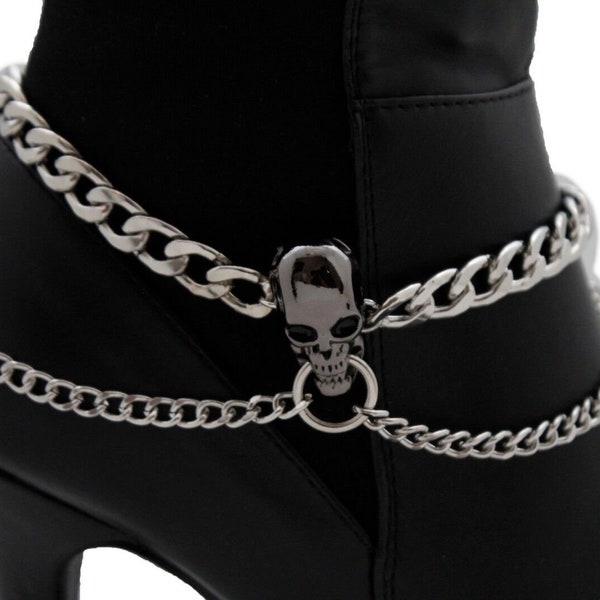 Women Boot Bracelet Silver Metal Chains Skeleton Skull Shoe Anklet Charm Pirate Waves Goth Emo