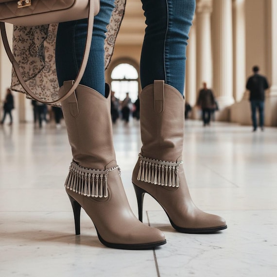 Women Silver Long Dangle Boot Chains (Pair), Western Boho Shoe Accessory BC234