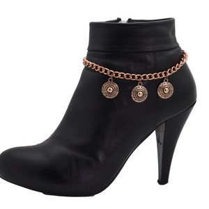 Women Antique Rose Gold Color Metal Chain Boot Bracelet Anklet Shoe Ethnic Coin Charm Jewelry