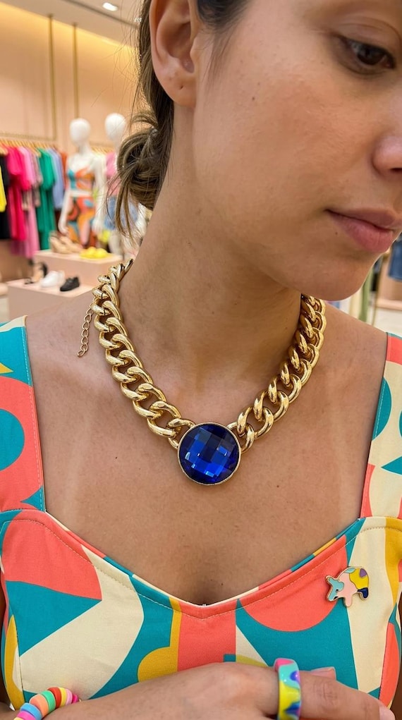 Women gold chunky chain necklace with blue glass pendant, short curb link WN17