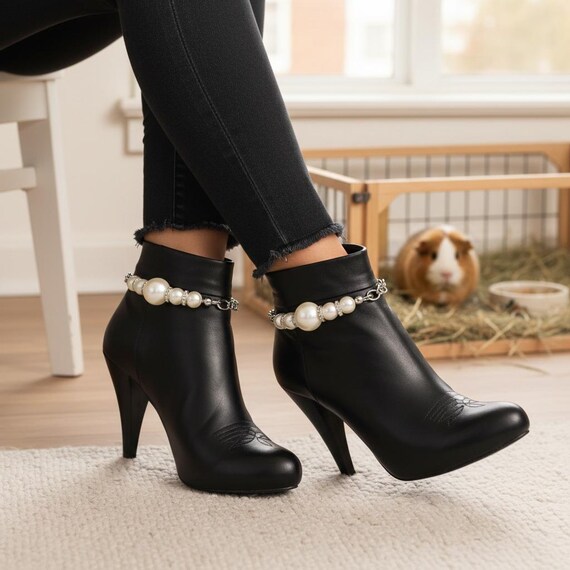 Pearl Boot Chains – Silver Anklet Bracelet Set, Rhinestone Spacers, Handmade USA